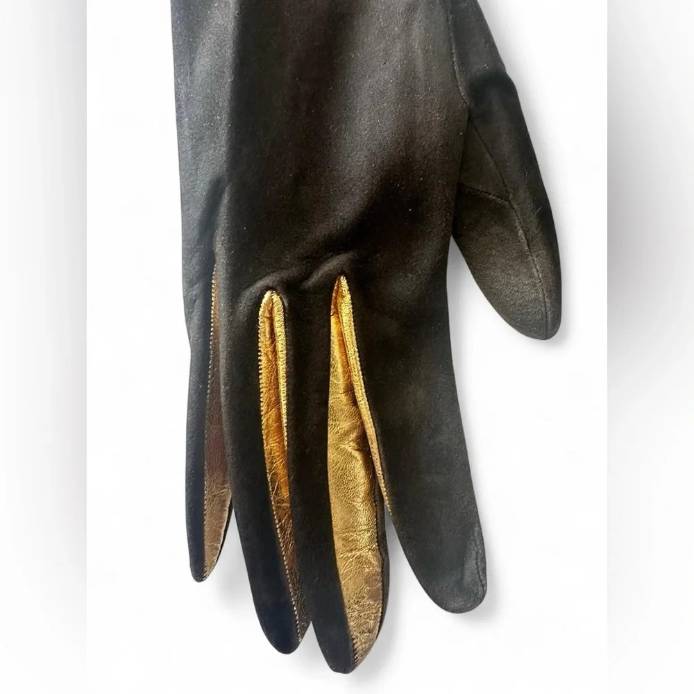 FREDDY PARIS VINTAGE LONG GLOVES BROWN SUEDE W GOLD LEATHER FINGER ACCENTS RARE